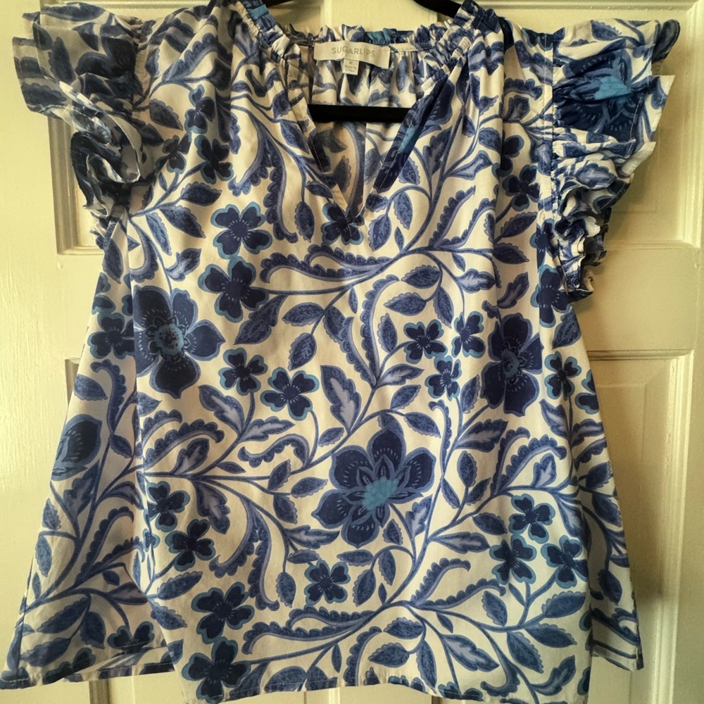 COPY - Blue Floral Ruffle Sleeve Top